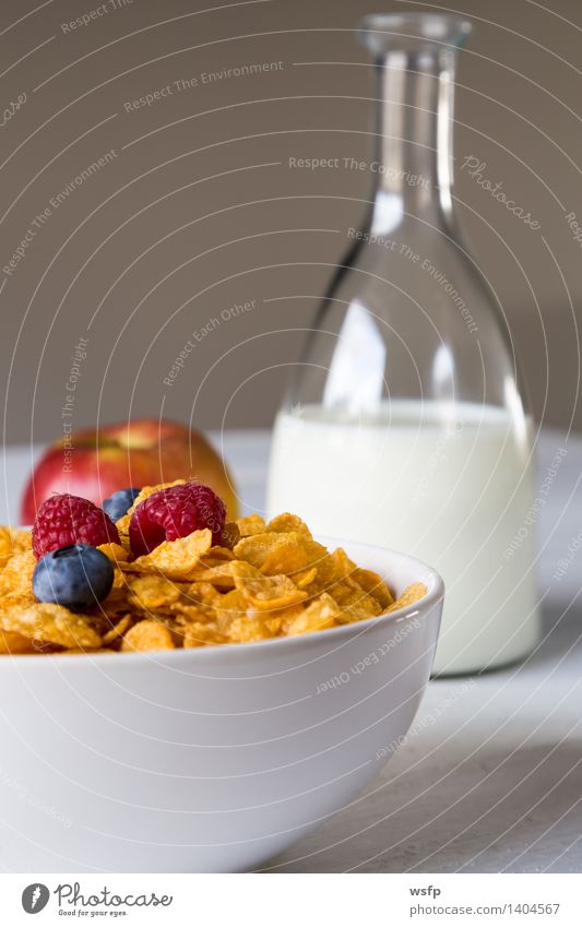 Cornflakes in einer Schale Frucht Apfel Frühstück Milch Schalen & Schüsseln Holz alt Frühstücksflocken Flocke Blaubeeren Zerealien Himbeer Müsli Erdbeeren Korn