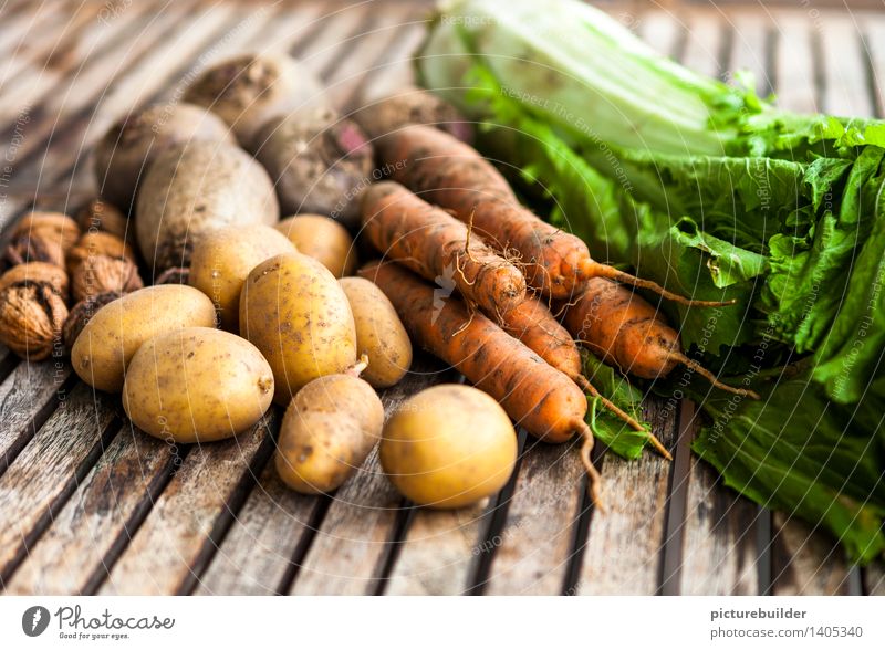 Herbsternte Lebensmittel Gemüse Ernährung Gesunde Ernährung Landwirtschaft Forstwirtschaft Nuss Kartoffeln Möhre Rote Beete Chinakohl Holz authentisch natürlich