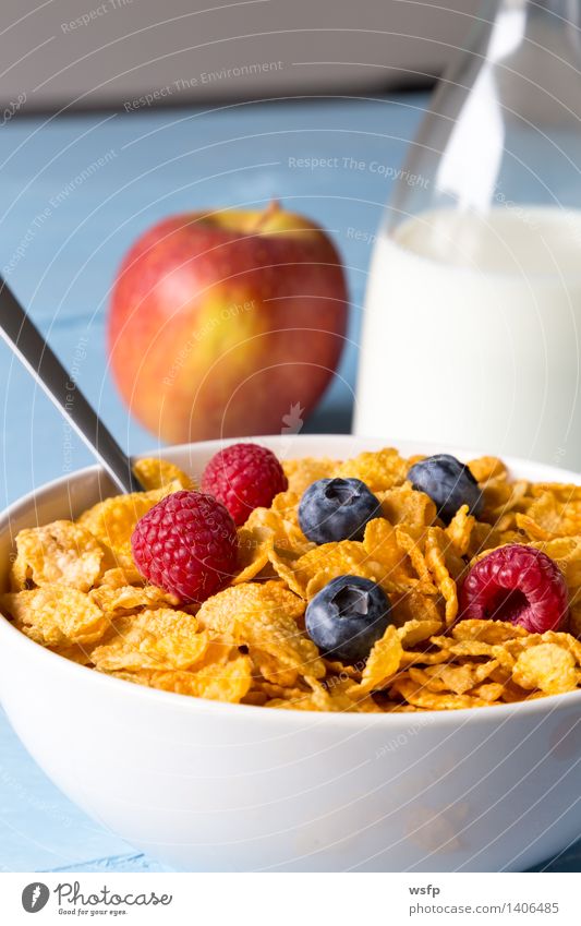 Cornflakes in einer Schale Frucht Apfel Frühstück Milch Schalen & Schüsseln Holz blau Frühstücksflocken Flocke Blaubeeren Zerealien Himbeer Müsli Erdbeeren Korn