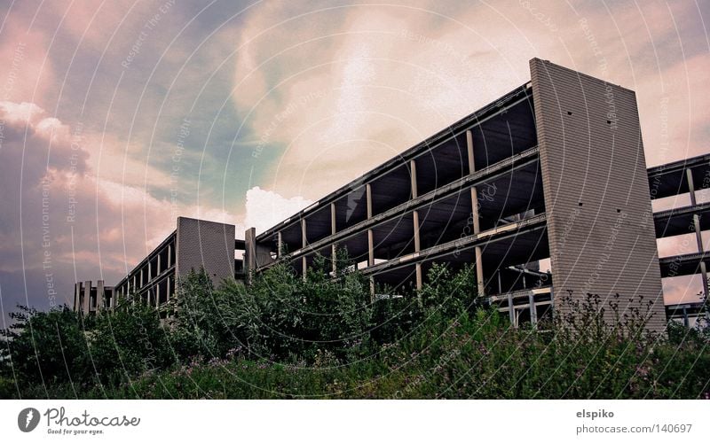 Industrieleichen Haus Gebäude Baustelle bewachsen dunkel Tod Etage Himmel Wolken Mauer Wand Beton Einsamkeit verfallen Vergänglichkeit unvollendet