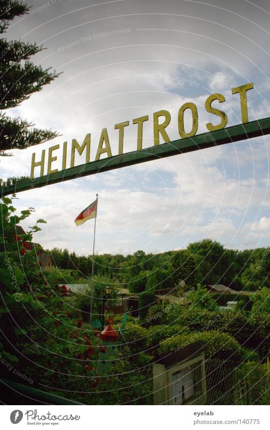 Heimattrost Schriftzeichen Typographie Buchstaben Wort Bundesadler Deutsche Flagge Fahne schwarz rot gold Wolken Sommer Fahnenmast Grundbesitz Wald Baum