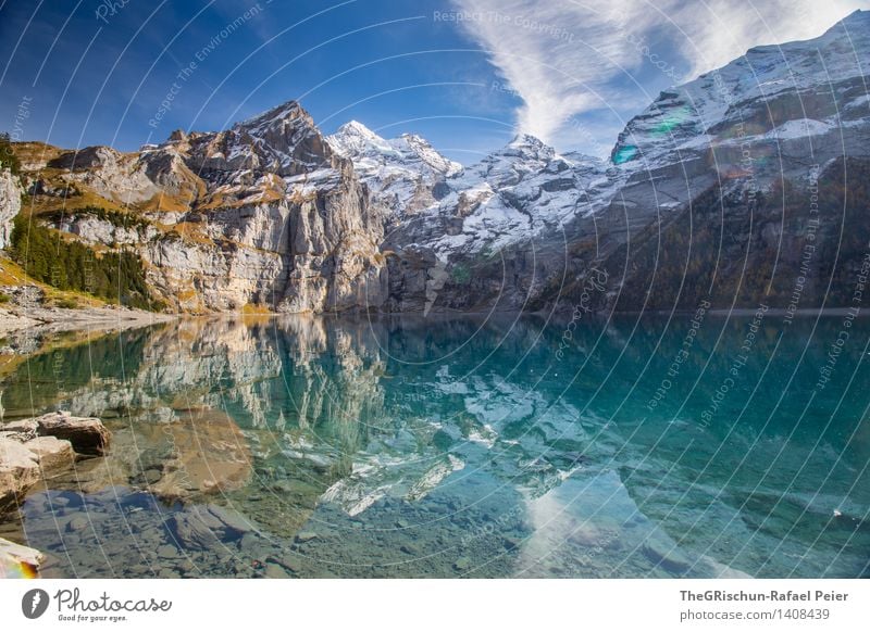 Oeschinesee Umwelt Natur Landschaft Wasser Himmel blau grau grün schwarz silber türkis weiß Schnee Gipfel Gebirgssee Seeufer Spiegelbild Reflexion & Spiegelung