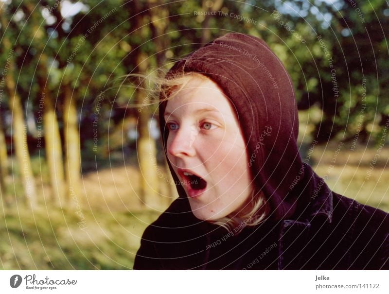 ohhhh, ein elch! Frau Erwachsene Jugendliche Wind Baum Wald Küste blond kalt erstaunt staunen Wahnsinn Schweden Kapuze Kapuzenpullover Boa winding starring