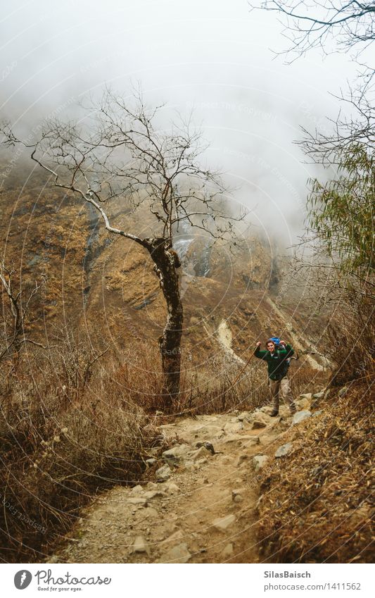 Wandern Sport Fitness Sport-Training Klettern Bergsteigen wandern Mensch 1 Umwelt Natur Landschaft Nebel Wald Hügel Alpen Berge u. Gebirge sportlich Erfolg