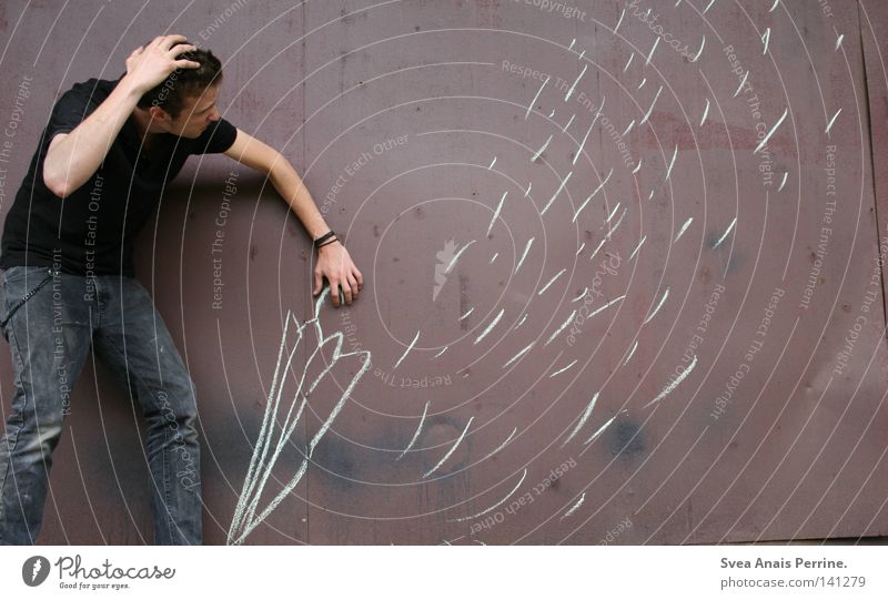 Wenn dein Leben fällt wie Regen Mann falsch Mauer Regenschirm braun Schutz Einsamkeit lustig Gemälde gemalt Freude Schwäche Malerei u. Zeichnungen