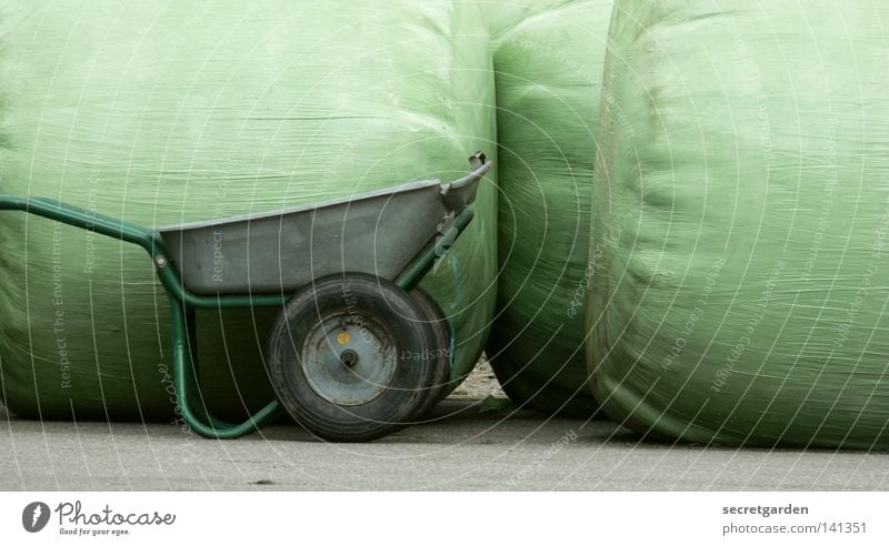 [HH08.2] die öffentliche lightbox vollmachen Schubkarre Sack grün Wiese Weide Strohballen Heuballen fremd lustig Stillleben Kunst Raum Natur schieben frontal