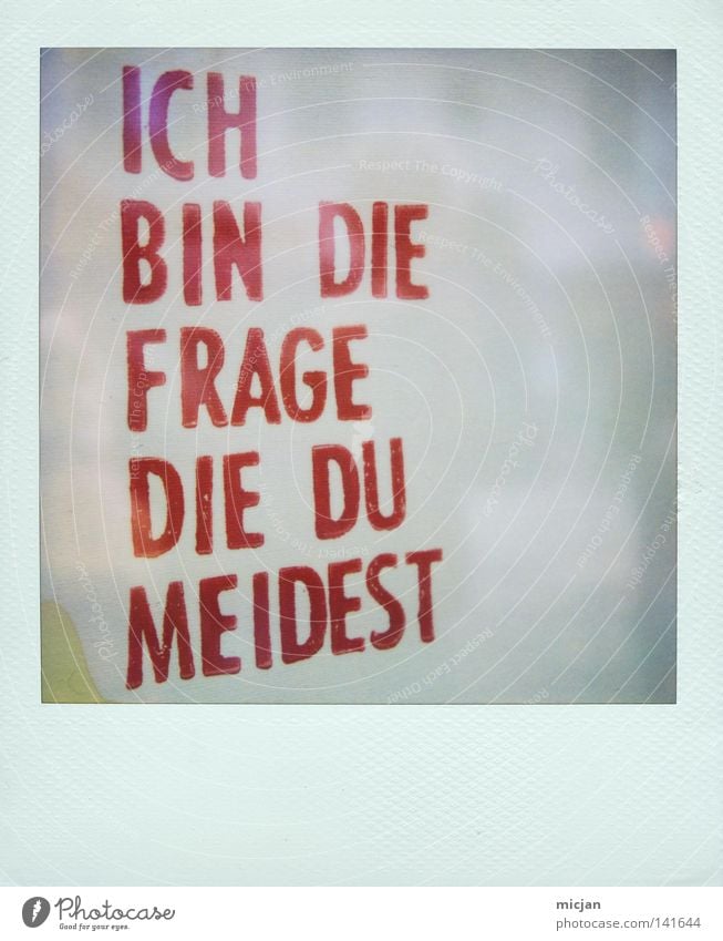 HH08.2 - Frag einfach Fragen Text Schriftzeichen Schriftstück Buchstaben Wort Typographie Reflexion & Spiegelung Sinn Angst Schüchternheit Polaroid Papier 600