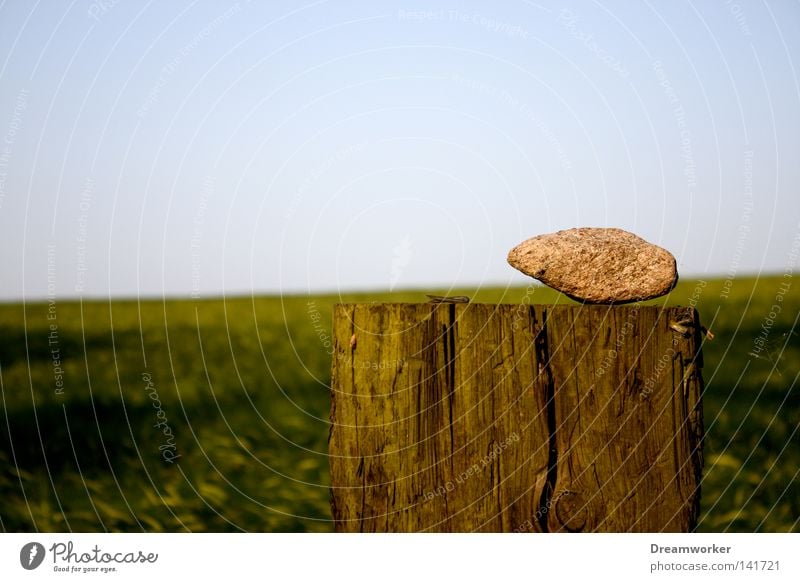 Verzauberter Stein Holzpfahl Feld Horizont Himmel Brandenburg Grenze grün Ferne Einsamkeit Lentzke