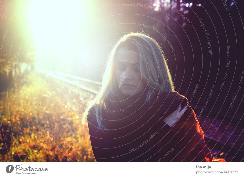 blonde Frau ist an einem Herbst draußen Mensch feminin Junge Frau Jugendliche 1 Umwelt Natur Sonne Sonnenaufgang Sonnenuntergang Sonnenlicht Schönes Wetter