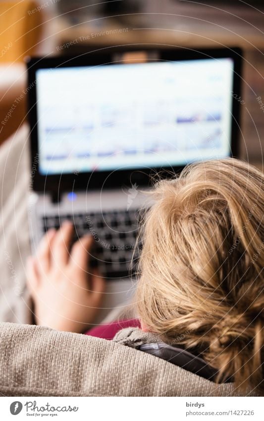 Junge Frau, Schülerin am laptop, . Homeschooling, Homeoffice Wohnung Sofa Wohnzimmer Notebook lernen Bildschirm Unterhaltungselektronik feminin blond