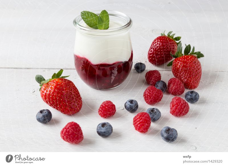 Rote Grütze mit Minze Joghurt Frucht Dessert Holz weiß rote Grütze Himbeeren Blaubeeren weisser Holzhintergrund Erdbeeren Glas Gesund Süsspeise Essen Holztisch