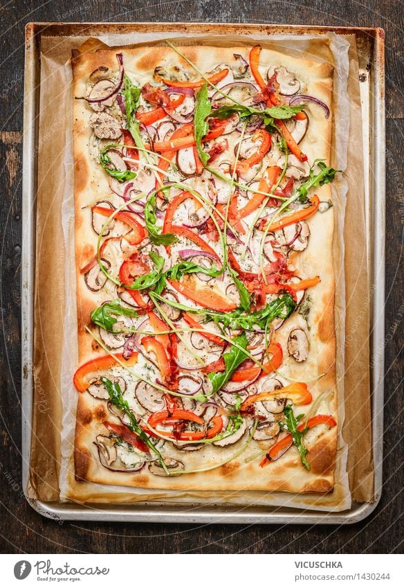 Vegetarisch Flammkuchen auf alten Backform Lebensmittel Käse Gemüse Teigwaren Backwaren Kräuter & Gewürze Ernährung Mittagessen Abendessen Bioprodukte