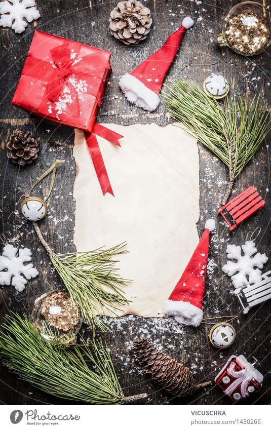 Weihnachtsgeschenk und Deko um leere Blatt Papier Stil Design Freude Glück Winter Haus Dekoration & Verzierung Veranstaltung Feste & Feiern Weihnachten & Advent