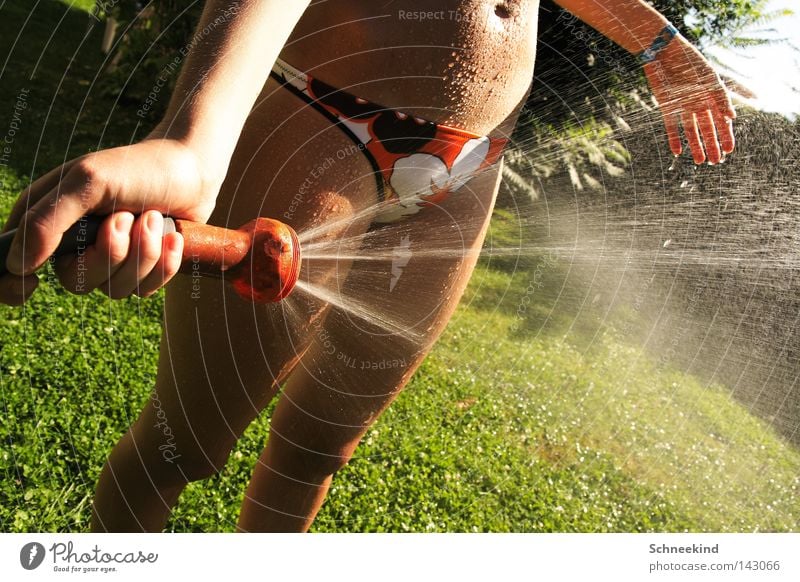 Hitzefrei Sommer Garten Schlauch Gartenschlauch Frau Dame kühlen kalt Physik heiß Schatten Bikini Bauch Beine Hand Nieselregen Wasser Trinkwasser Pause