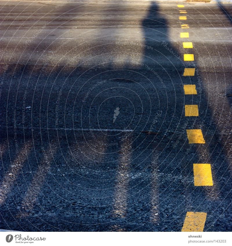 Schatten voraus Straße gelb Streifen Barriere Abend Abendsonne Physik Ampel Überqueren warten gehen stehen grau Kontrast Verkehrswege gestrichelt Abenddämmerung