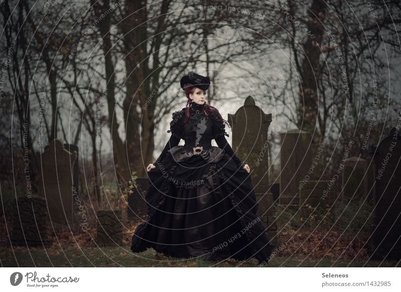 früher Mensch feminin Frau Erwachsene 1 Herbst Winter Baum Kleid Hut Traurigkeit Trauer Tod Friedhof Farbfoto Gedeckte Farben Außenaufnahme Ganzkörperaufnahme