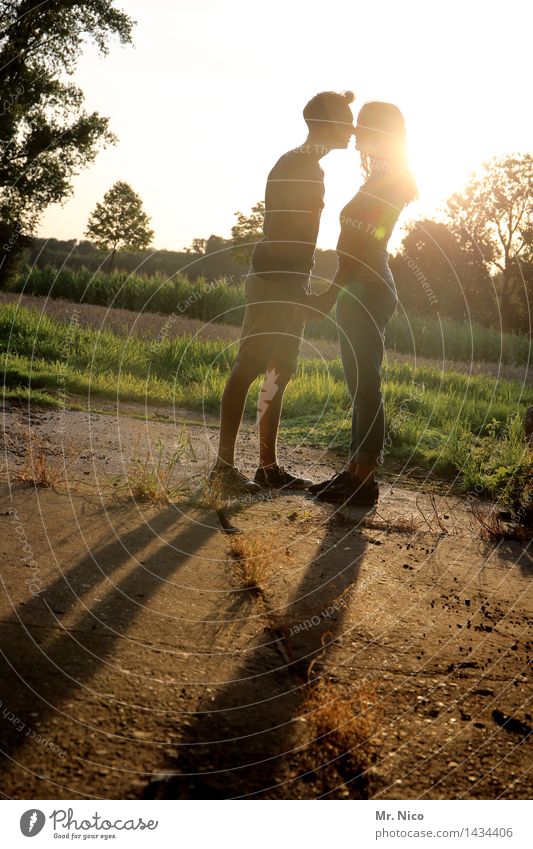 and kiss me Junge Frau Jugendliche Junger Mann Paar Partner 2 Mensch Umwelt Natur Schönes Wetter berühren Küssen stehen Glück Warmherzigkeit Sympathie