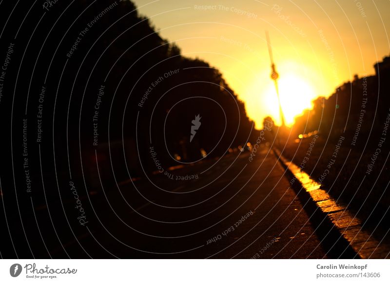 Berlin am Meer. Schön wenn es so wär. Karl-Marx-Allee Frankfurter Allee Autobahnzubringer Alexanderplatz Sonnenuntergang Abendsonne Baum fahren Verkehrswege