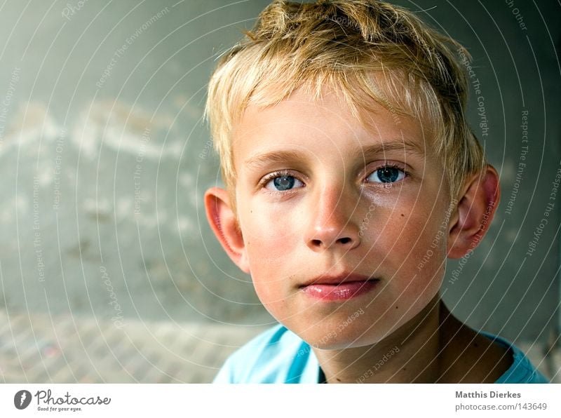 Unschuldslamm klein Kind blond zerzaust Schüchternheit T-Shirt Hintergrundbild Wand Putz Asphalt geblitzt rot errötet ruhig Pause Porträt Freundlichkeit