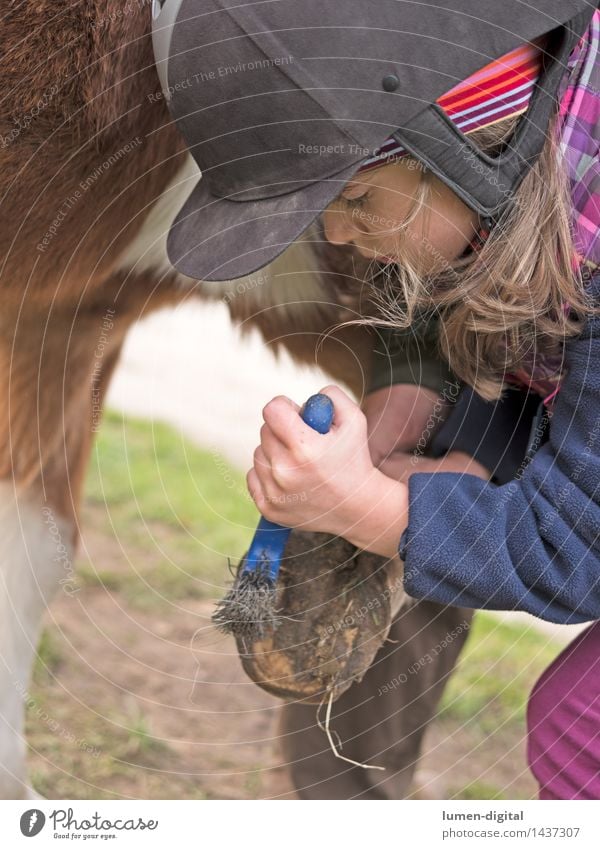 Mädchen beim Hufauskratzen Lifestyle Glück sportlich Freizeit & Hobby Reiten Ferien & Urlaub & Reisen Ausflug Reitsport Kind Mensch Freundschaft Kindheit Kopf