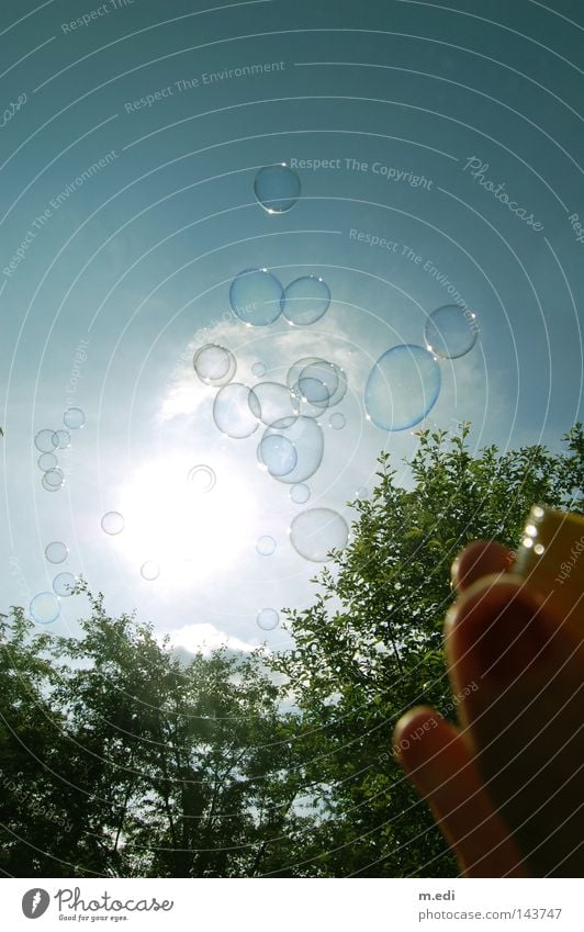 Sommer Sonne Seifenblasen Luftblase Blase Kaugummiblase Stern Himmel Baum grün blau hell grell Gegenlicht Finger