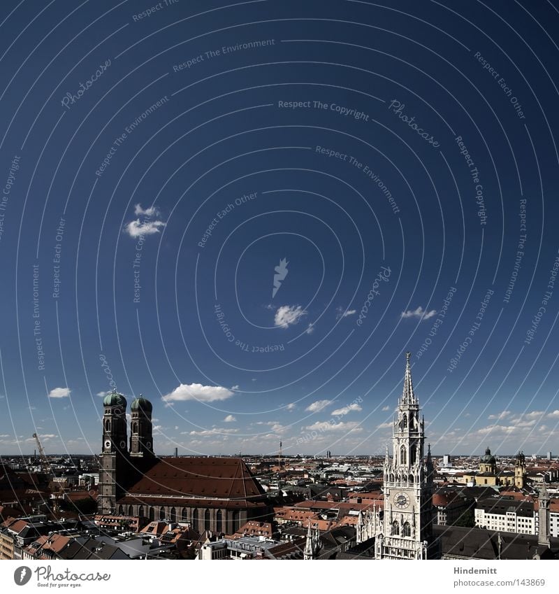 LOKALKOLORIT | Postkartn Minga München Hauptstadt Rathaus Frauenkirche Wolken Himmel Stadt Panorama (Aussicht) Wahrzeichen Tourismus Sightseeing blau weiß rot