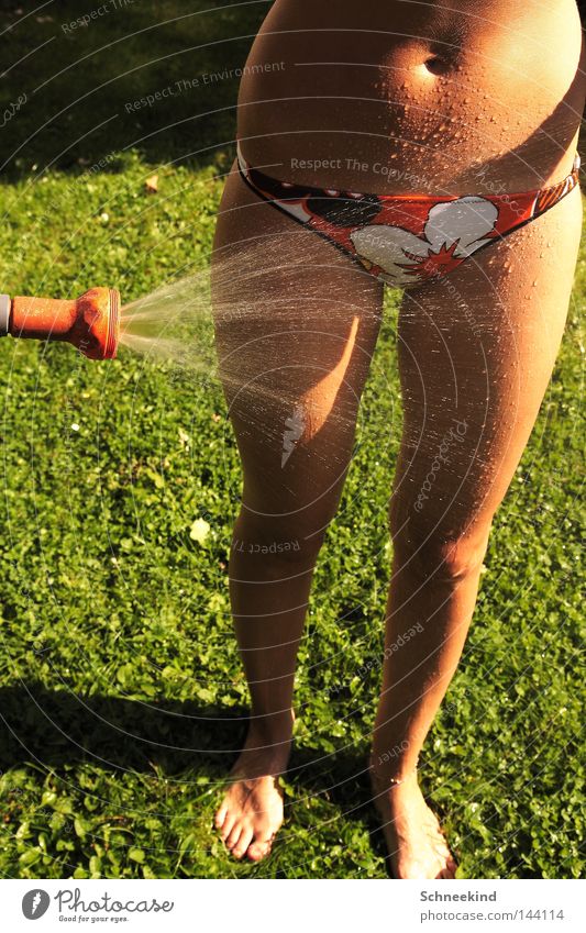 Kühlgerät Sommer Garten Schlauch Gartenschlauch Frau Dame kühlen Schatten Bikini Bauch Beine Hand Wasser Pause Sonnenbad Erholung Blume Baum Natur frei Freiheit