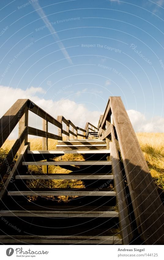 Dünenwanderung Holz Wege & Pfade Himmel Wolken Kondensstreifen Treppengeländer Brückengeländer Stranddüne Wenningstedt Sylt Spaziergang Küste