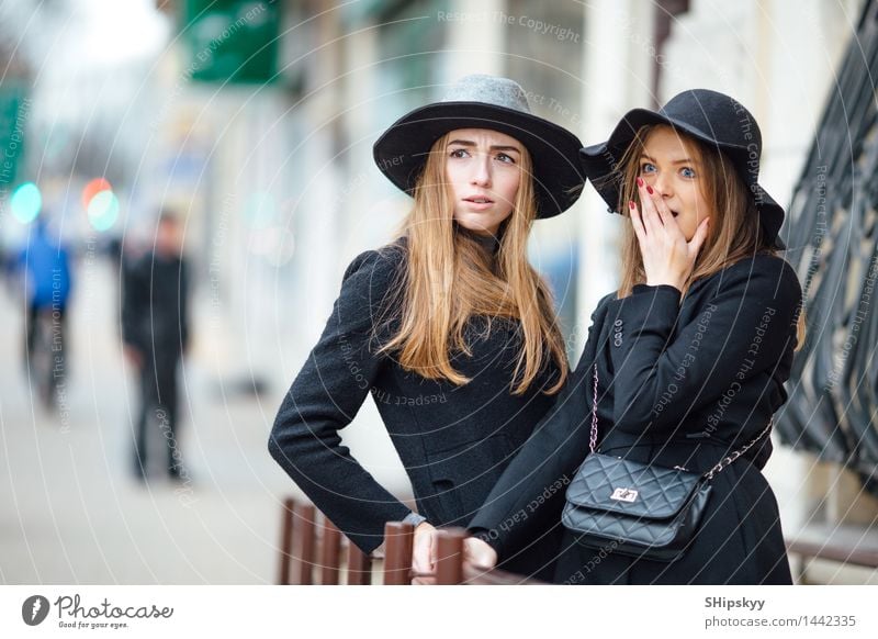 Zwei erwachsene sprechende und lächelnde Mädchen elegant Stil Erwachsenenbildung lernen Schüler Arbeitsplatz Mensch Junge Frau Jugendliche Weiblicher Senior