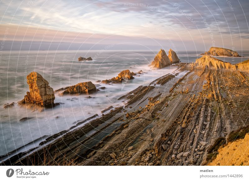 laminate Natur Landschaft Luft Wasser Himmel Wolken Horizont Sonnenaufgang Sonnenuntergang Wetter Schönes Wetter Gras Felsen Wellen Küste Bucht Fjord Riff Meer