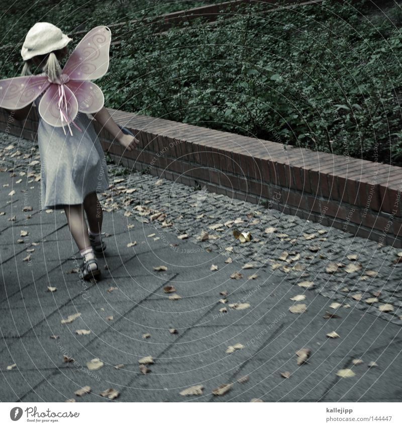 ausflug Schulunterricht Mädchen Kind gehen laufen Maske Karnevalskostüm Engel Schutzengel Angelrute Laufsport Schmetterling fliegen Hut Sommer Blatt Spielen