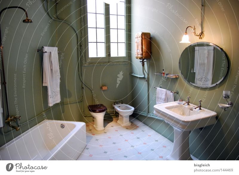 Guten Morgen! Farbfoto Innenaufnahme Menschenleer Kunstlicht Sonne Möbel Spiegel Badewanne Fenster Häusliches Leben Waschbecken Bidet Toilette Haushalt