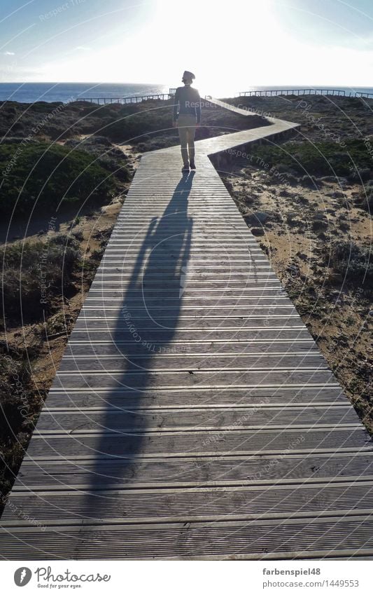 Lichtweg feminin Frau Erwachsene Leben 1 Mensch 30-45 Jahre Umwelt Natur Landschaft Horizont Sonnenlicht Wärme Küste Strand Meer Wege & Pfade T-Shirt Jeanshose