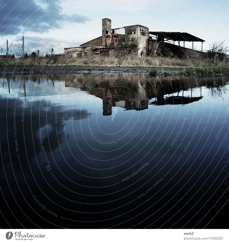 Brache Industrie Umwelt Natur Landschaft Wasser Himmel Wolken Horizont Sträucher Pfütze Brandenburg Deutschland Haus Industrieanlage Fabrik Ruine Bauwerk