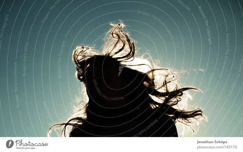 Silhouette einer jungen Frau mit langen wehenden Haaren vor Himmel Freude Haare & Frisuren Leben Sonne Erwachsene Wind Sturm Bewegung springen Glück