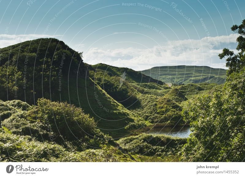 Im Feental Baum Gras Sträucher Hügel Teich See fearie glen uig Isle of Skye Schottland grün Glück Lebensfreude Frühlingsgefühle Optimismus Geborgenheit Treue