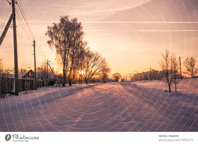 Halt in einer kleinen Stadt Winter Schnee Garten Himmel Baum Gras Sträucher Wiese Wald Dorf Kleinstadt Straße Eisenbahn gelb rosa weiß weißrussland Europa