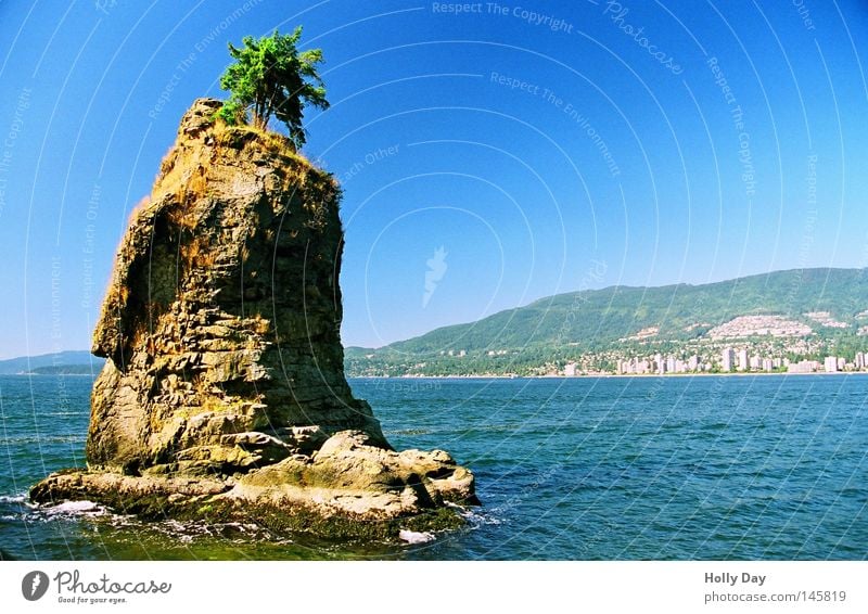 Siwash Rock Einsamkeit Baum Meer Pazifik Stanley Park Vancouver Kanada grün September Vordergrund Felsen oben Wasser blau Schönes Wetter Blauer Himmel Insel