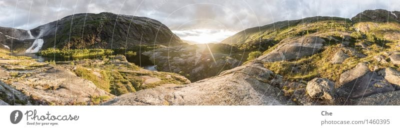 Mittsommerpanorama Landschaft Schönes Wetter Gletscher Fluss Wasserfall Stimmung Glück Begeisterung Tapferkeit selbstbewußt Kraft Geborgenheit Reinlichkeit