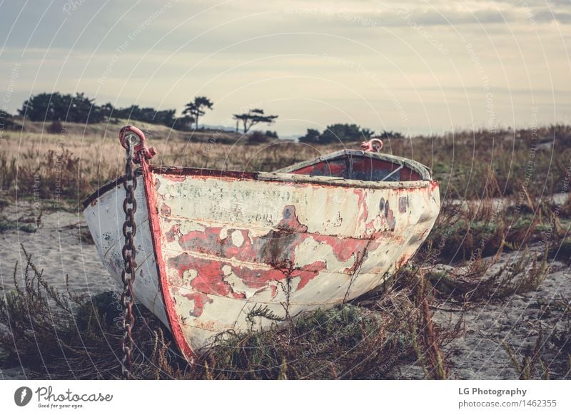 Altes Ruderboot an einem Strand schön Ferien & Urlaub & Reisen Sommer Sonne Meer Landschaft Sand Himmel Wetter Gras Park Wasserfahrzeug Metall alt hell maritim