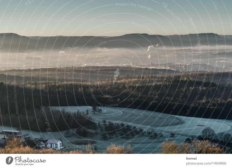 Stadt Land Berg Umwelt Natur Landschaft Wolkenloser Himmel Sonnenaufgang Sonnenuntergang Sonnenlicht Winter Schönes Wetter Nebel Eis Frost Feld Wald Hügel