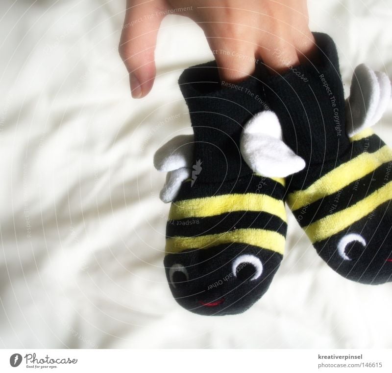 summ,summ,summ... Hand Finger Strümpfe Schuhe Biene Flügel Streifen Hummel Farbfoto niedlich Kinderbekleidung Freisteller Vor hellem Hintergrund Tierfigur