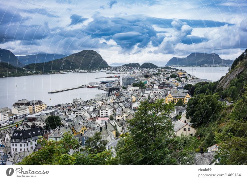 Blick auf Ålesund Ferien & Urlaub & Reisen Berge u. Gebirge Haus Natur Landschaft Wolken Baum Park Fjord Stadt Gebäude Architektur Sehenswürdigkeit Tourismus