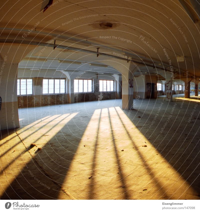 Gekrümmter Raum Fenster ästhetisch außergewöhnlich gelb Säule Quadrat leer Leerstand verfallen Lagerhalle Abend Licht Schatten Menschenleer Sonnenlicht