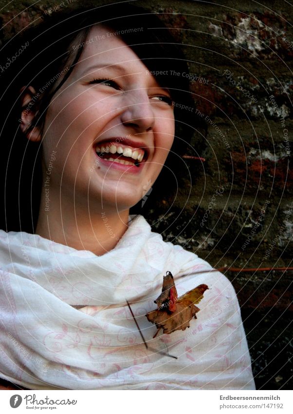 Ich lach den Herbst mal ganz klar an :) Jahreszeiten lachen Freude Blatt grün Baum Schal kalt Regen Zähne Frau Glück Geborgenheit Wand Backstein Zweige u. Äste