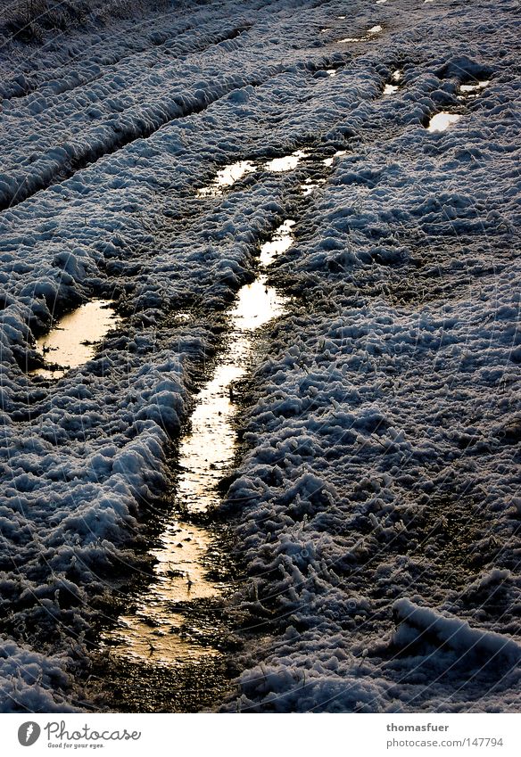 Schnee und Pfütze November Schlamm Wege & Pfade Feld Blues Spuren Regen Nieselregen Erinnerung vergessen Lehm schwer Zeit dunkel Vergangenheit Vergänglichkeit