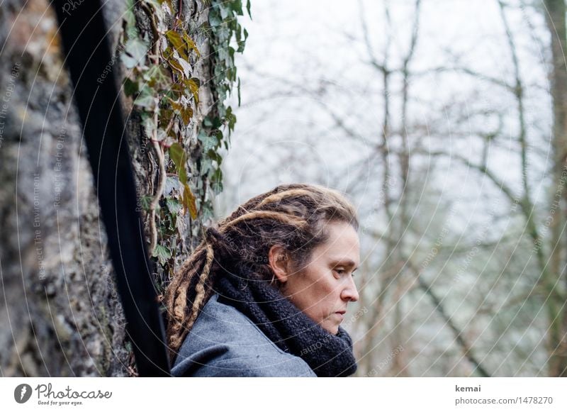 Winter Blues Lifestyle Mensch feminin Frau Erwachsene Leben Kopf Haare & Frisuren Gesicht 1 30-45 Jahre Efeu Schal brünett langhaarig Dreadlocks Rastalocken