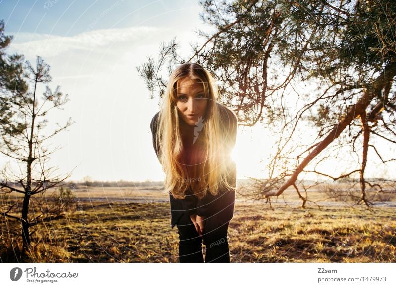 Was geht? Lifestyle elegant Stil Junge Frau Jugendliche 18-30 Jahre Erwachsene Natur Landschaft Sonne Herbst Schönes Wetter Baum Sträucher Mode Mantel brünett