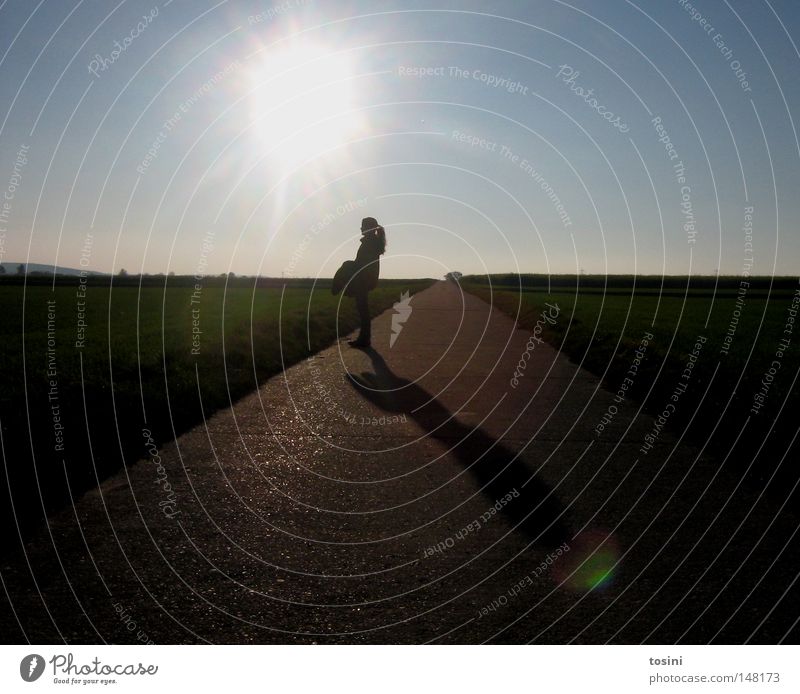 kind der sonne Sonne Feld hell Beleuchtung Strahlung Frau Mensch Natur Himmel grün blau Silhouette Wege & Pfade Fußweg Wiese Jacke Mädchen Ferne Horizont tosini