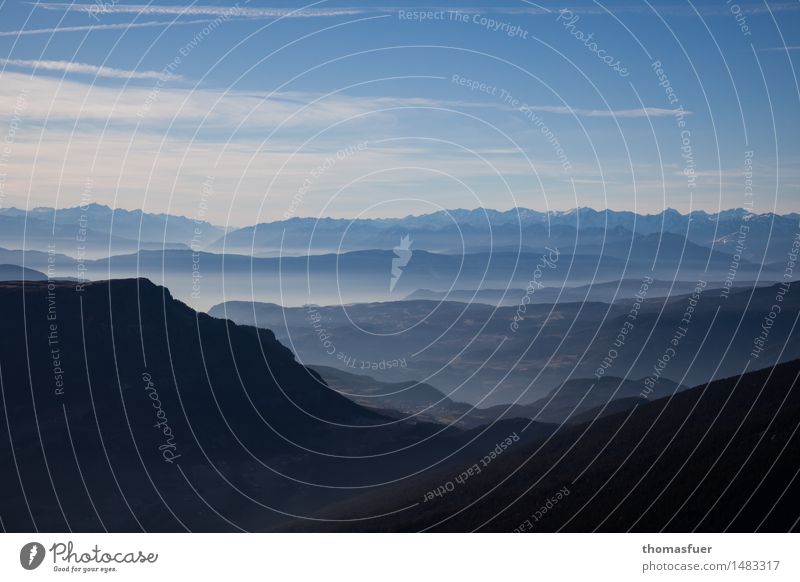 Berge, Panorama, Sfumato, Landschaft Erde Himmel Horizont Sonne Schönes Wetter Baum Felsen Alpen Berge u. Gebirge Gipfel Unendlichkeit Abenteuer Freiheit ruhig